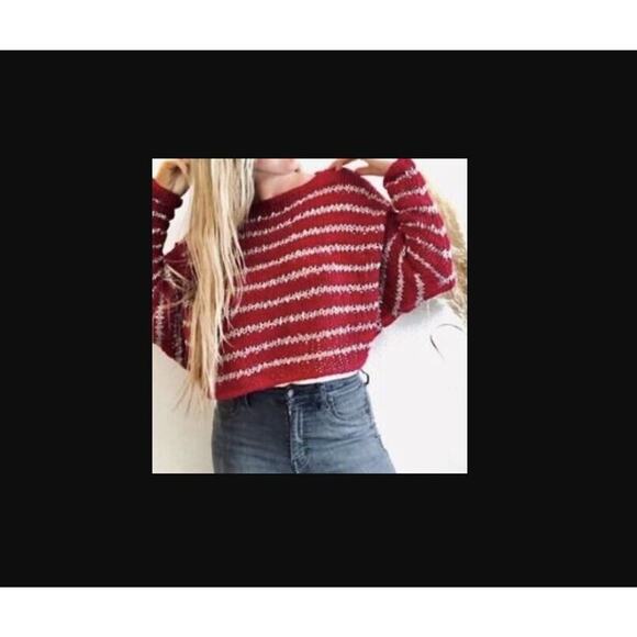 Free People Size XS Over And Easy Stripe Red Tan Scoop Dolman Sleeve Sweater - Picture 2 of 7